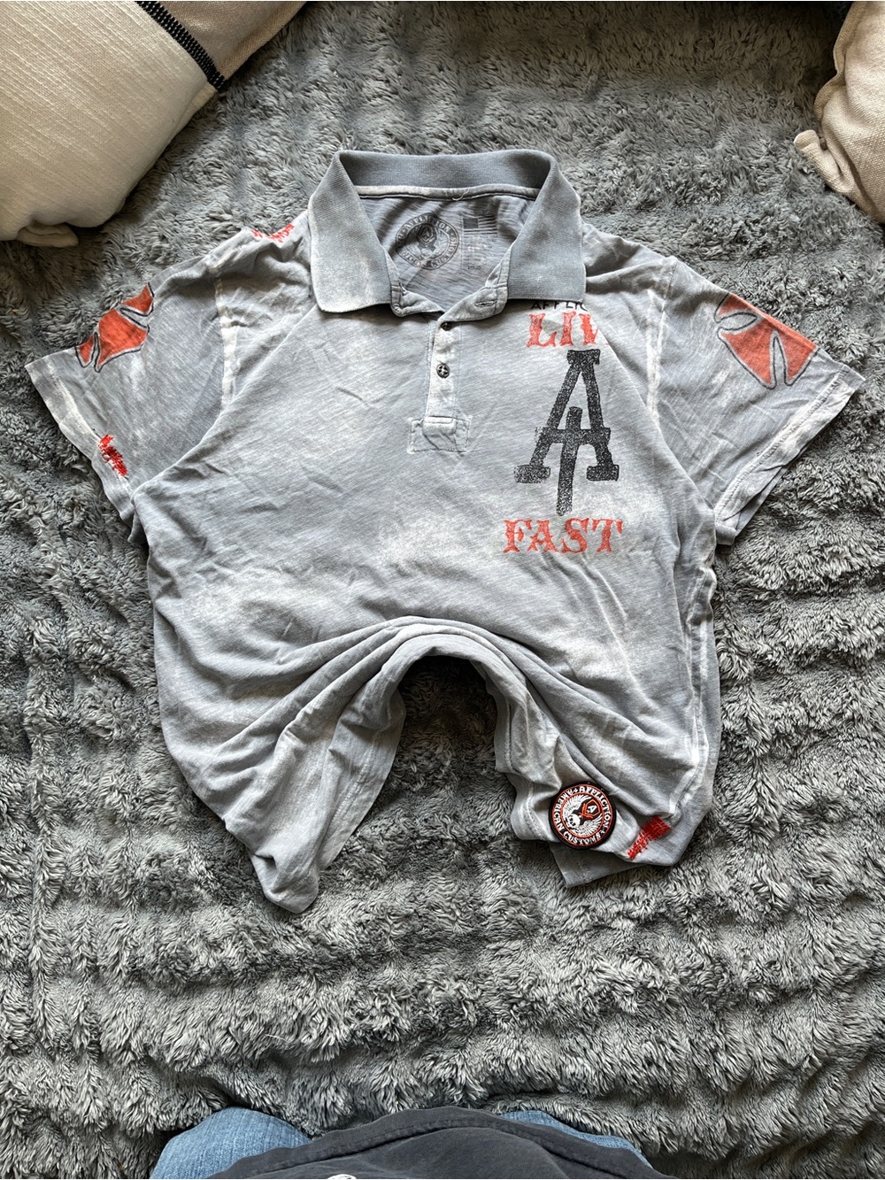 Affliction Boys Light Gray Polo with Red Graphic Accents
